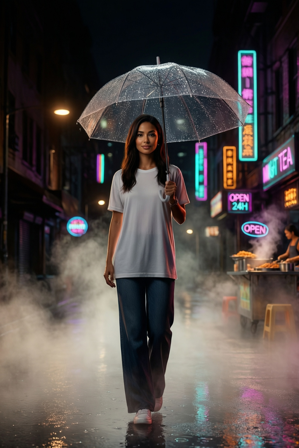 Rainy Neon Market Portrait