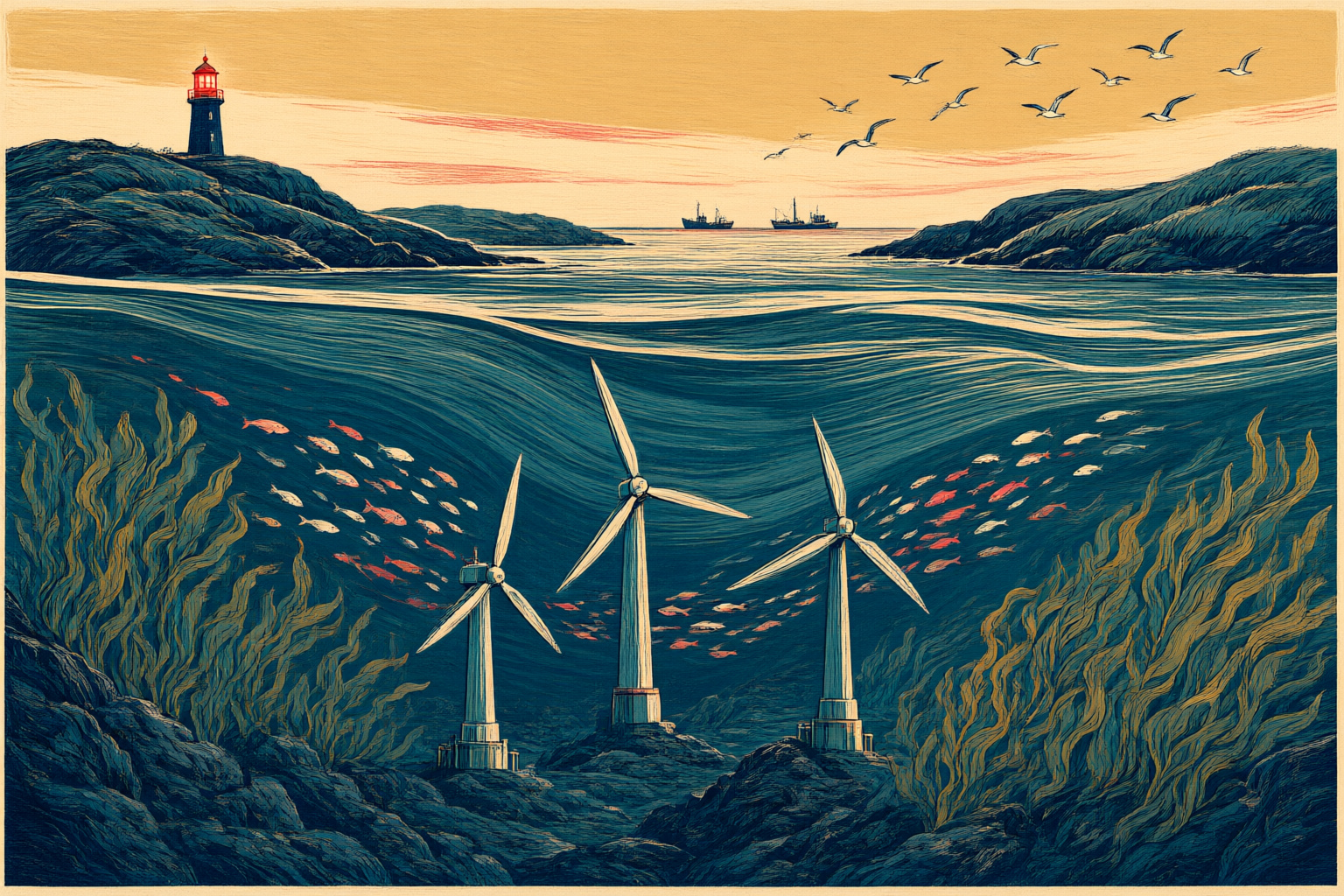Tidal Turbine Linocut Wall Art