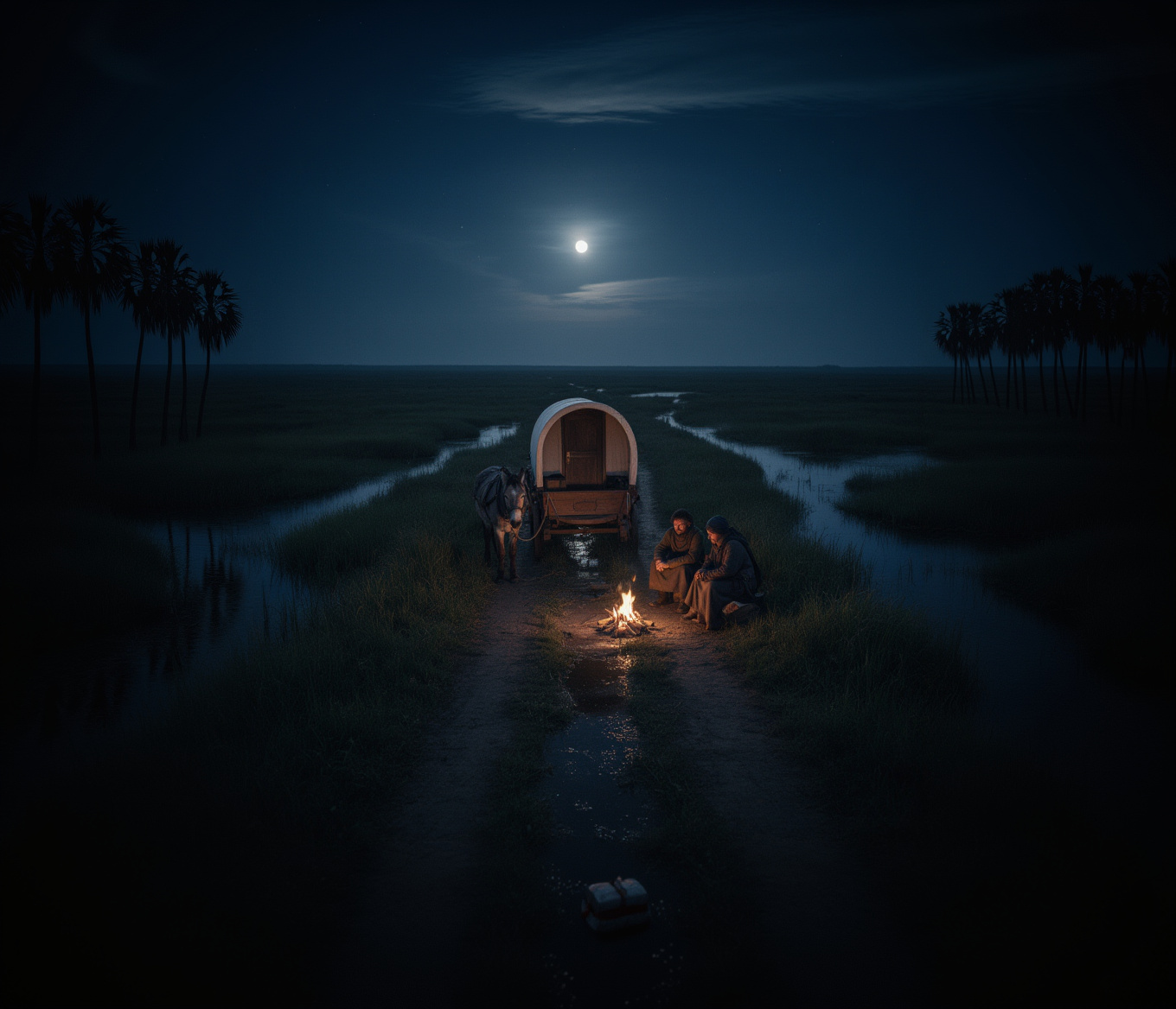Moonlit Marsh Caravan Encampment
