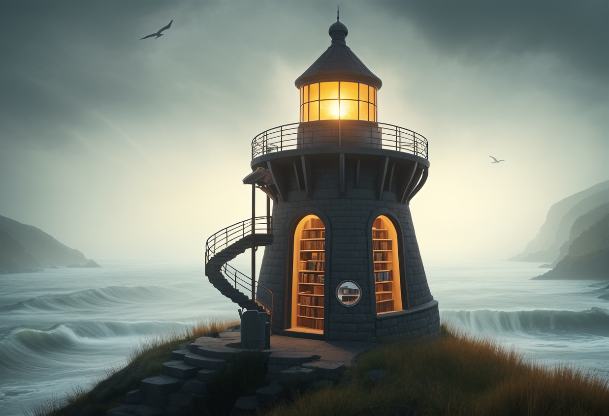 Fogbound Cliffside Lighthouse Library