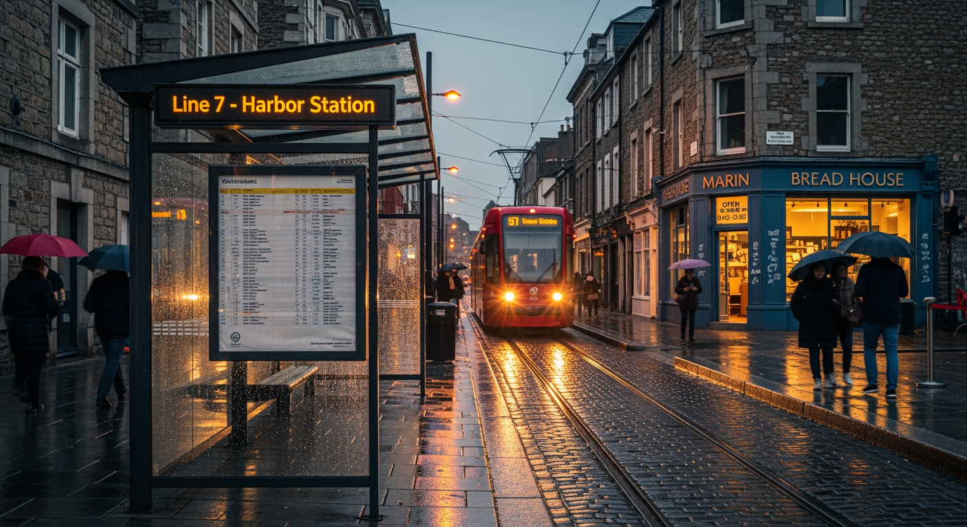 Rain-Soaked Tram Stop Signage