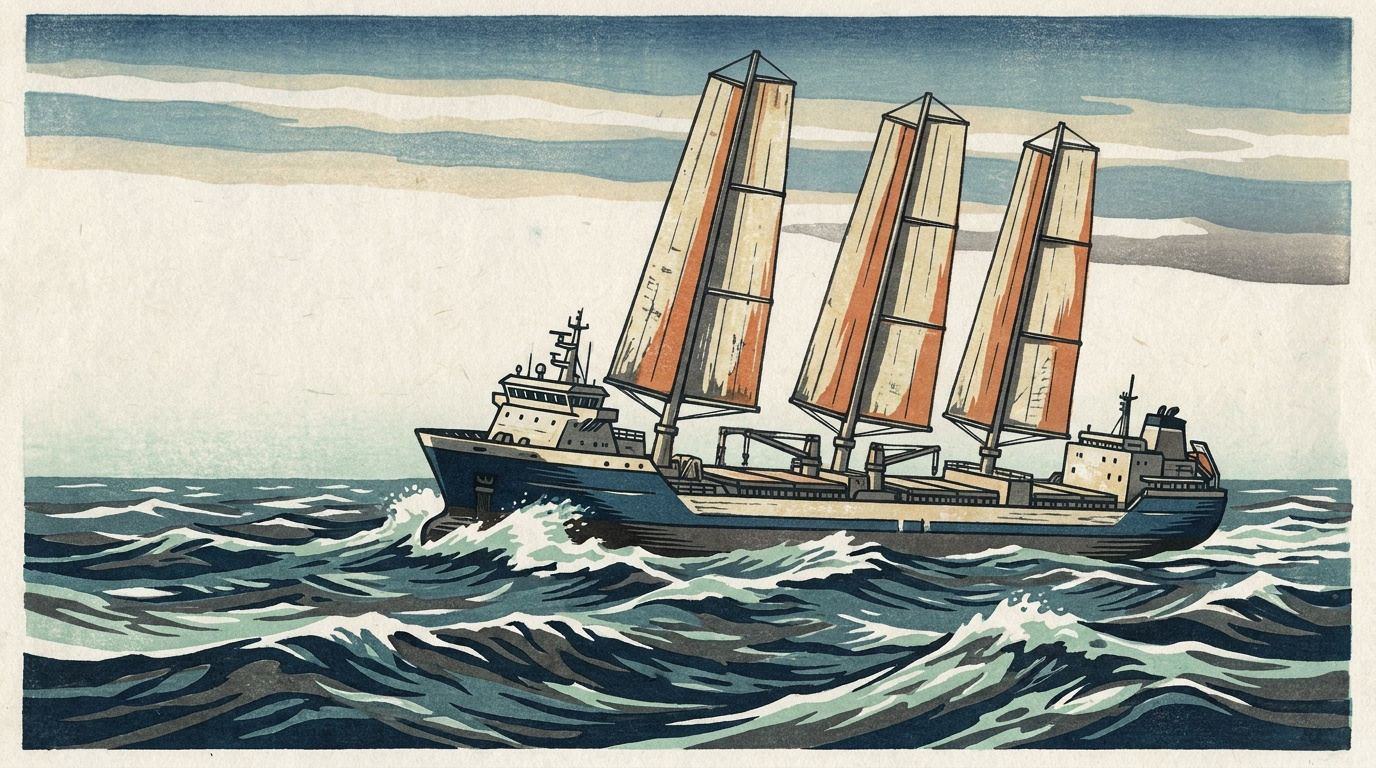 Sail-Assisted Freighter Woodblock Feature