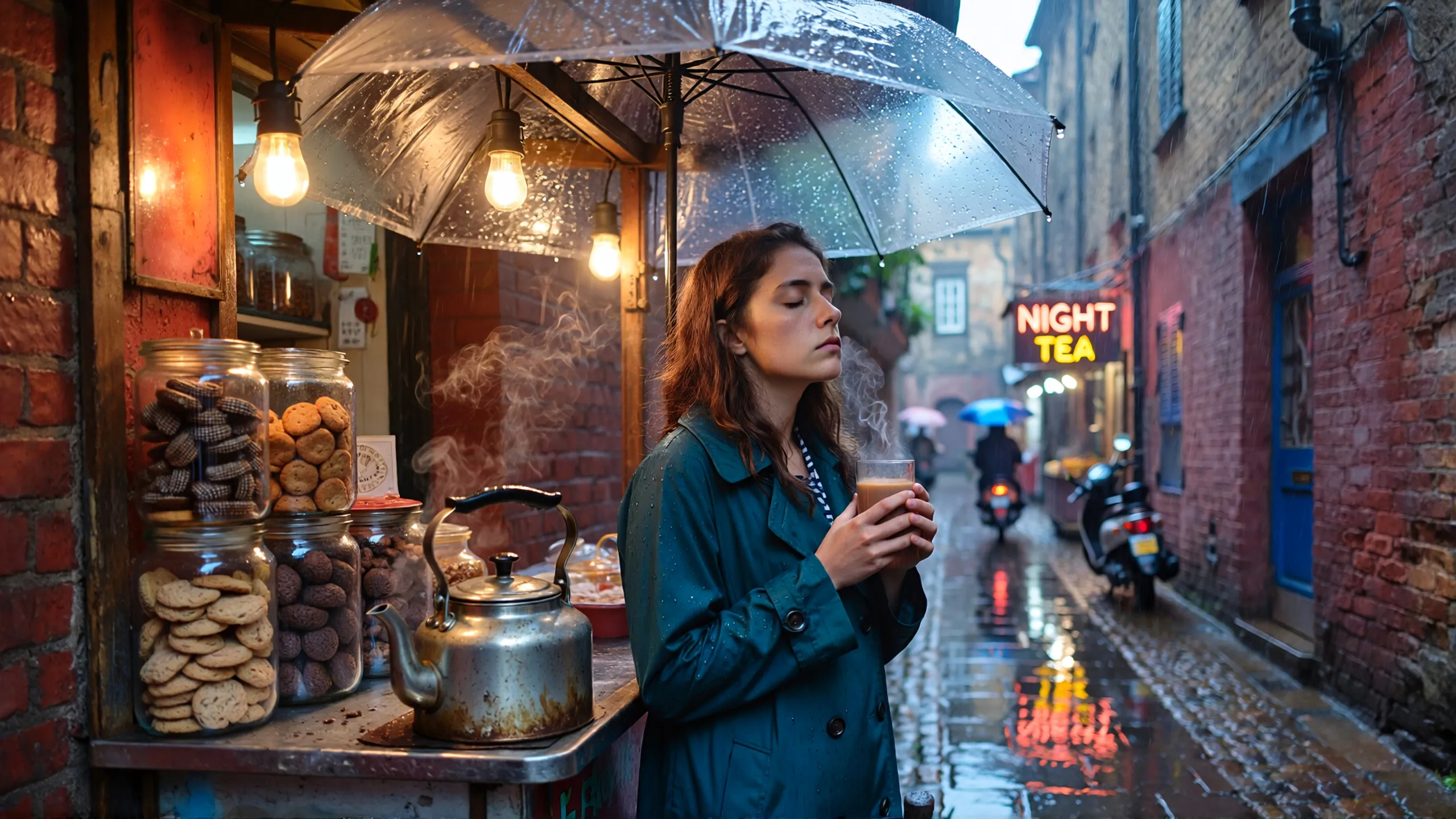 Rain-Slicked Midnight Tea Stall