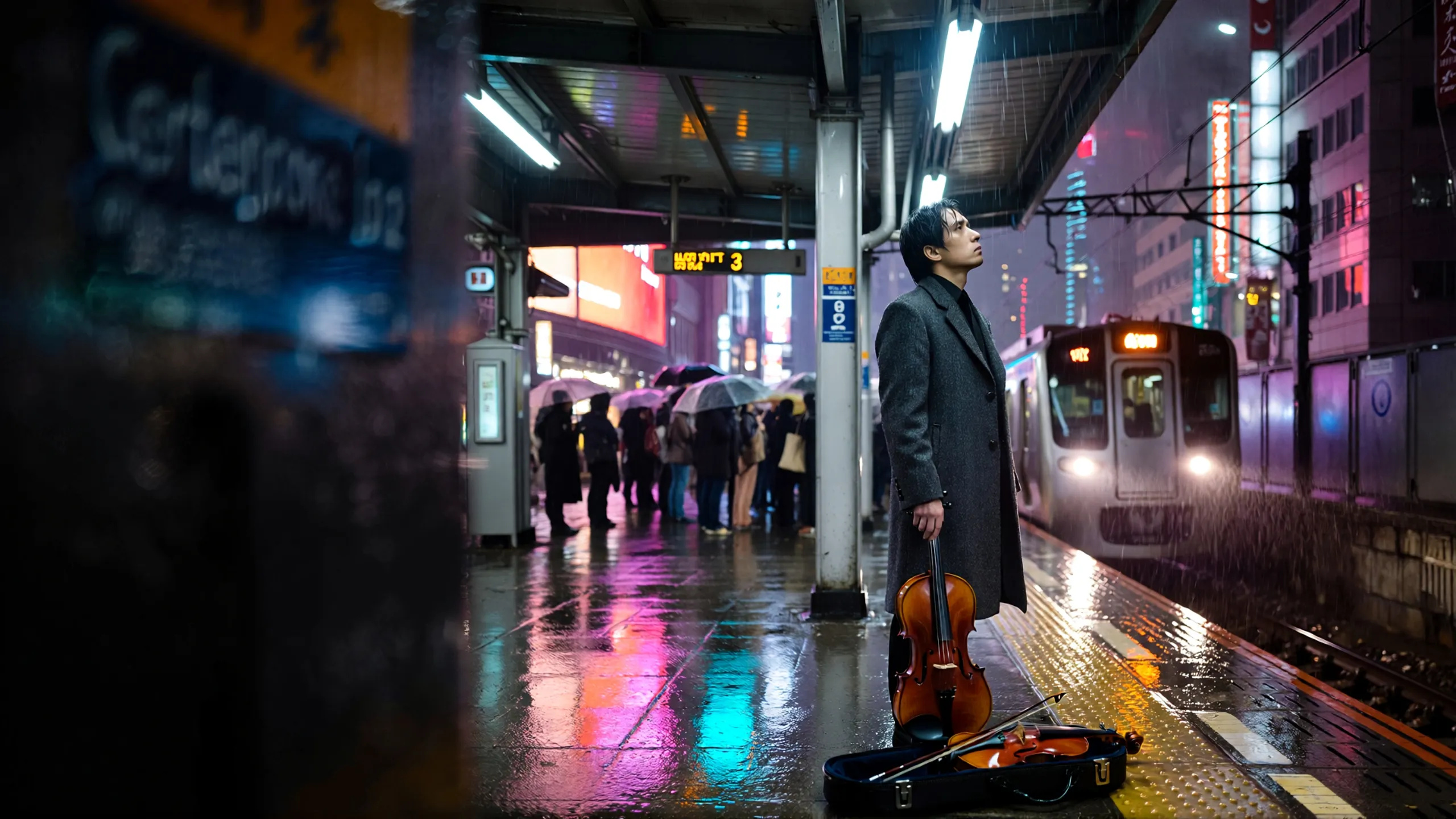 Rain-Slicked Midnight Train Platform