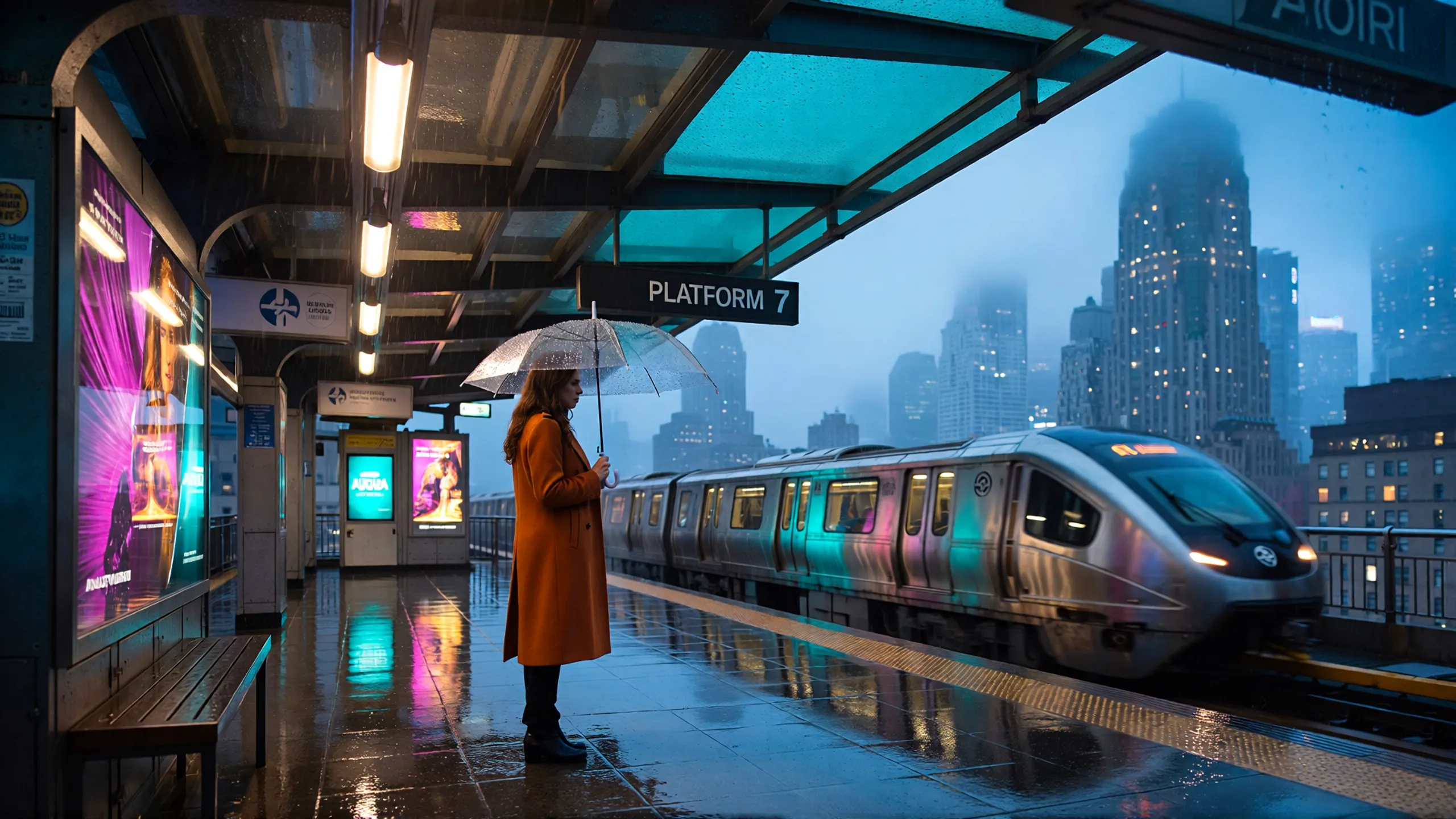 Rain-Slick Futuristic Train Platform