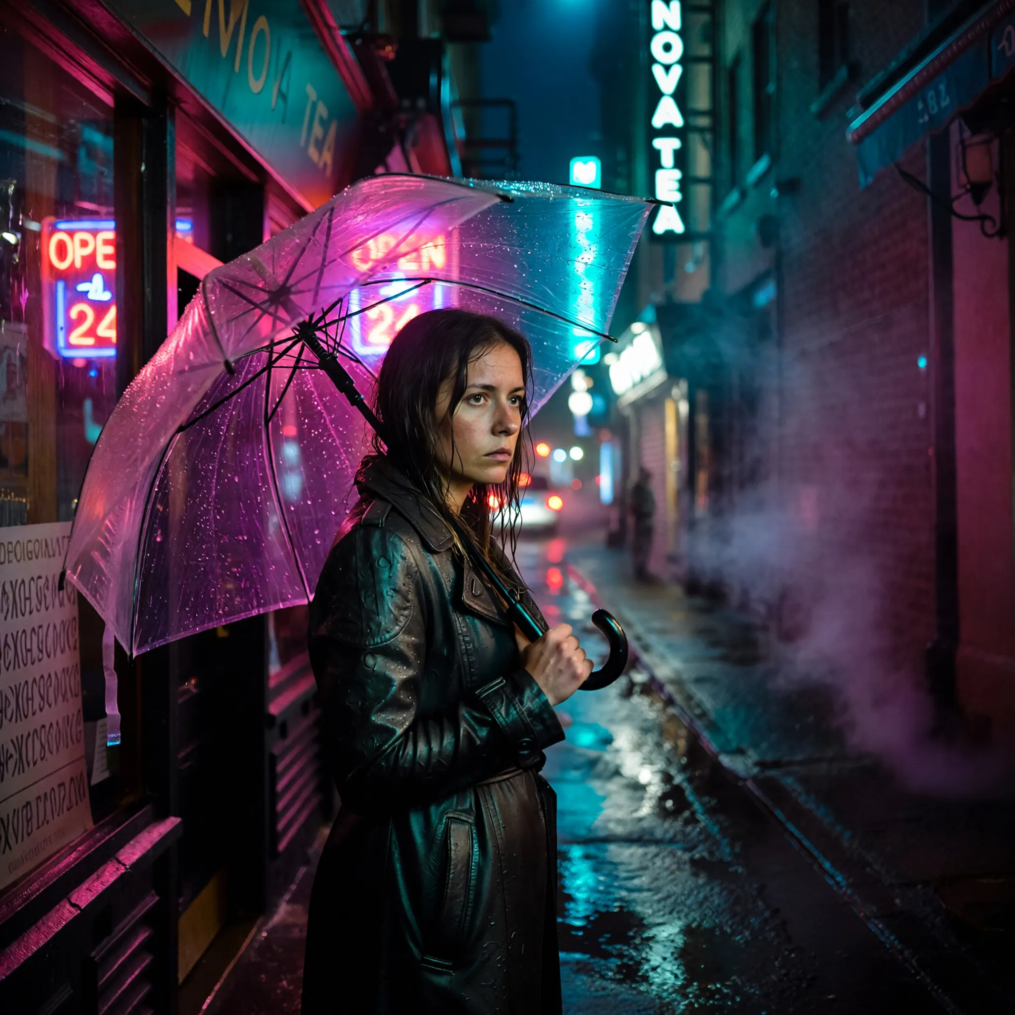 Rain-Slick Neon Alley Portrait