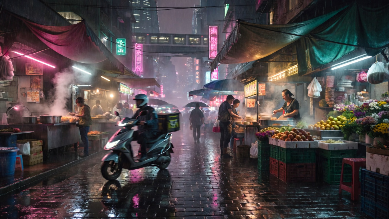 Rain-Slick Night Market Alley