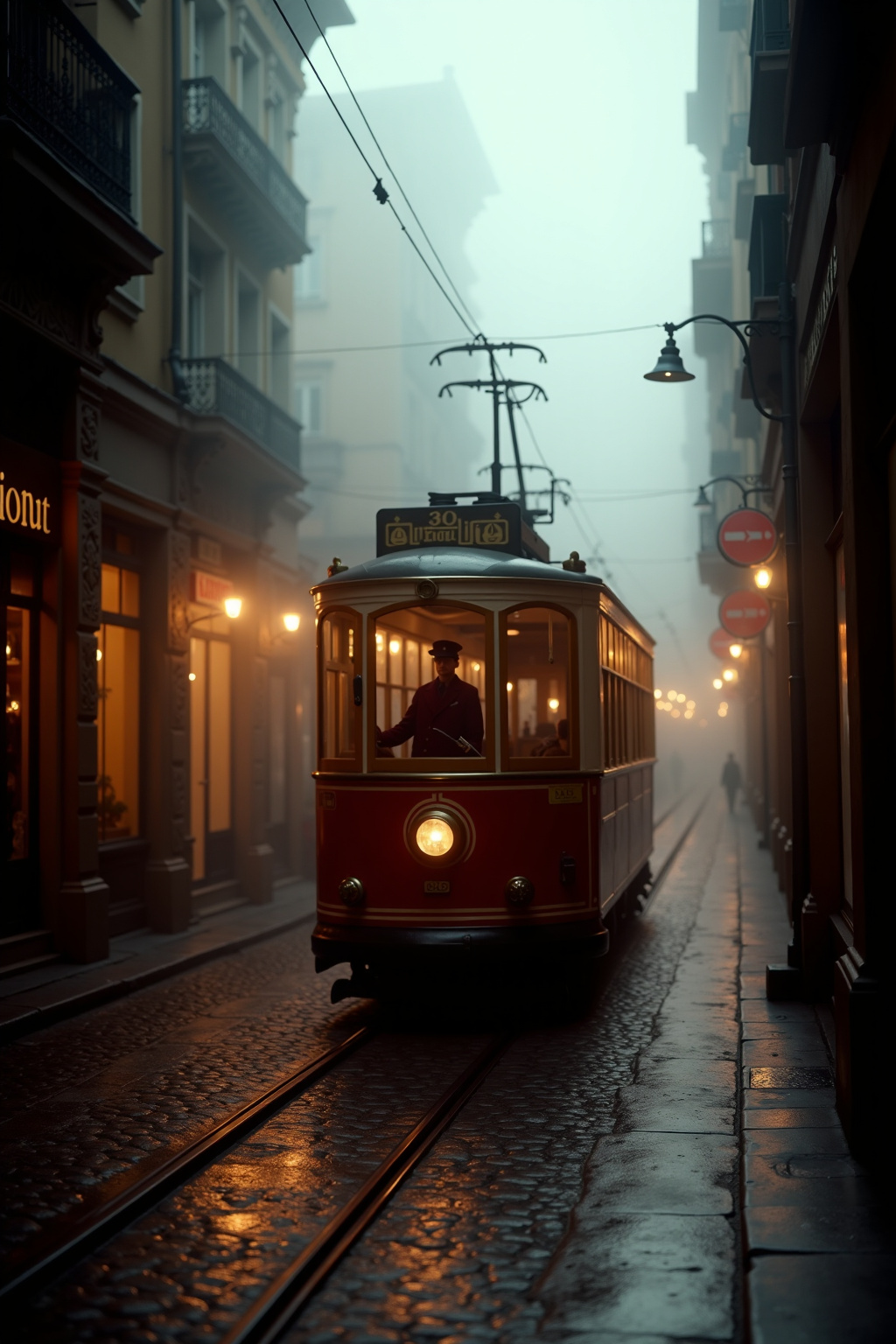 Velvet Tram Through Amber Fog