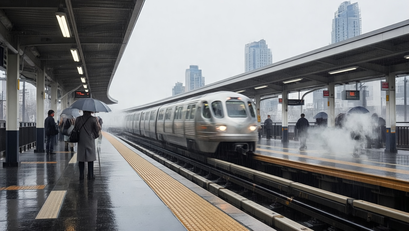 Rain-Slicked Monorail Arrival
