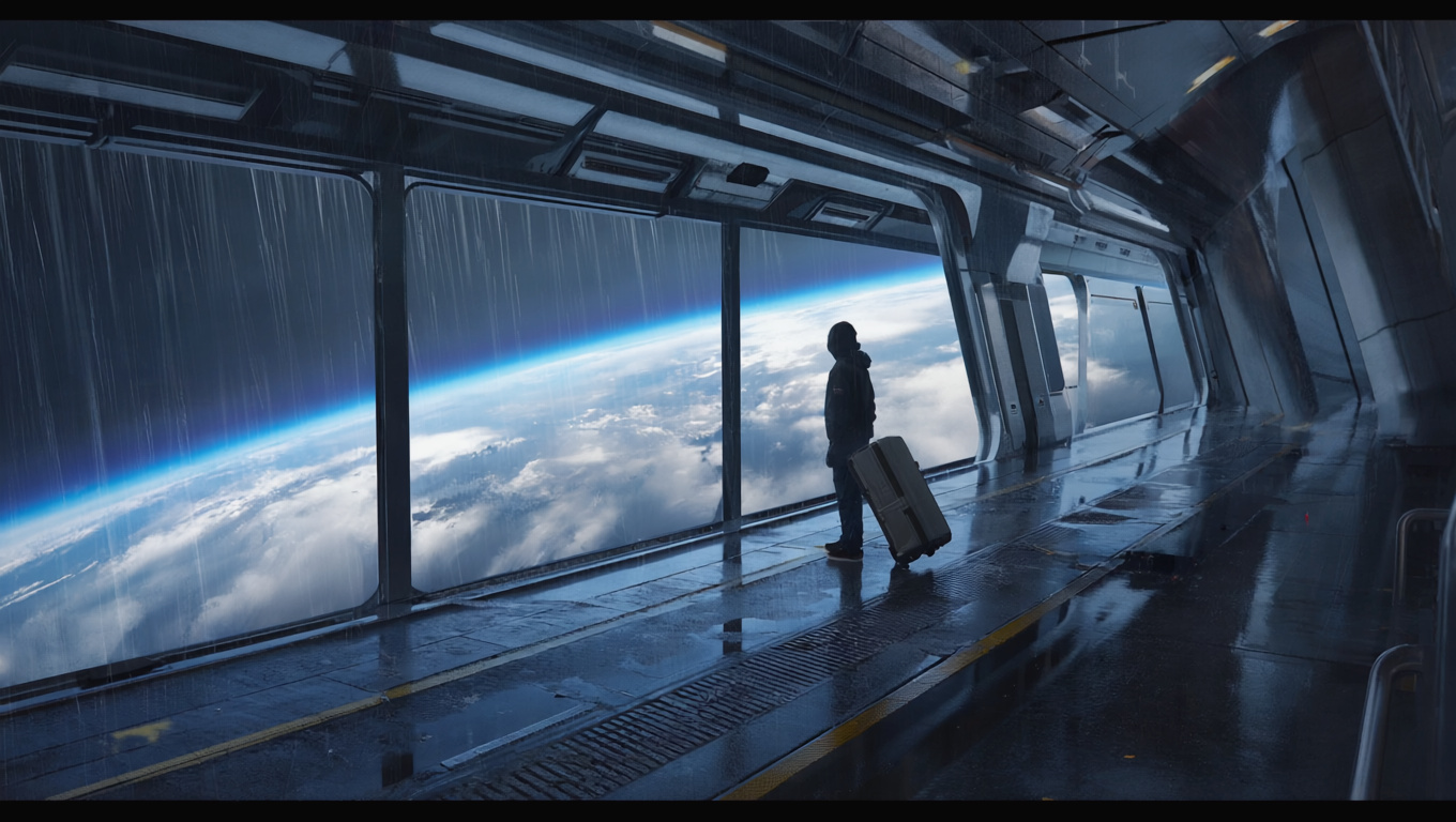 Rain-Swept Orbital Train Platform