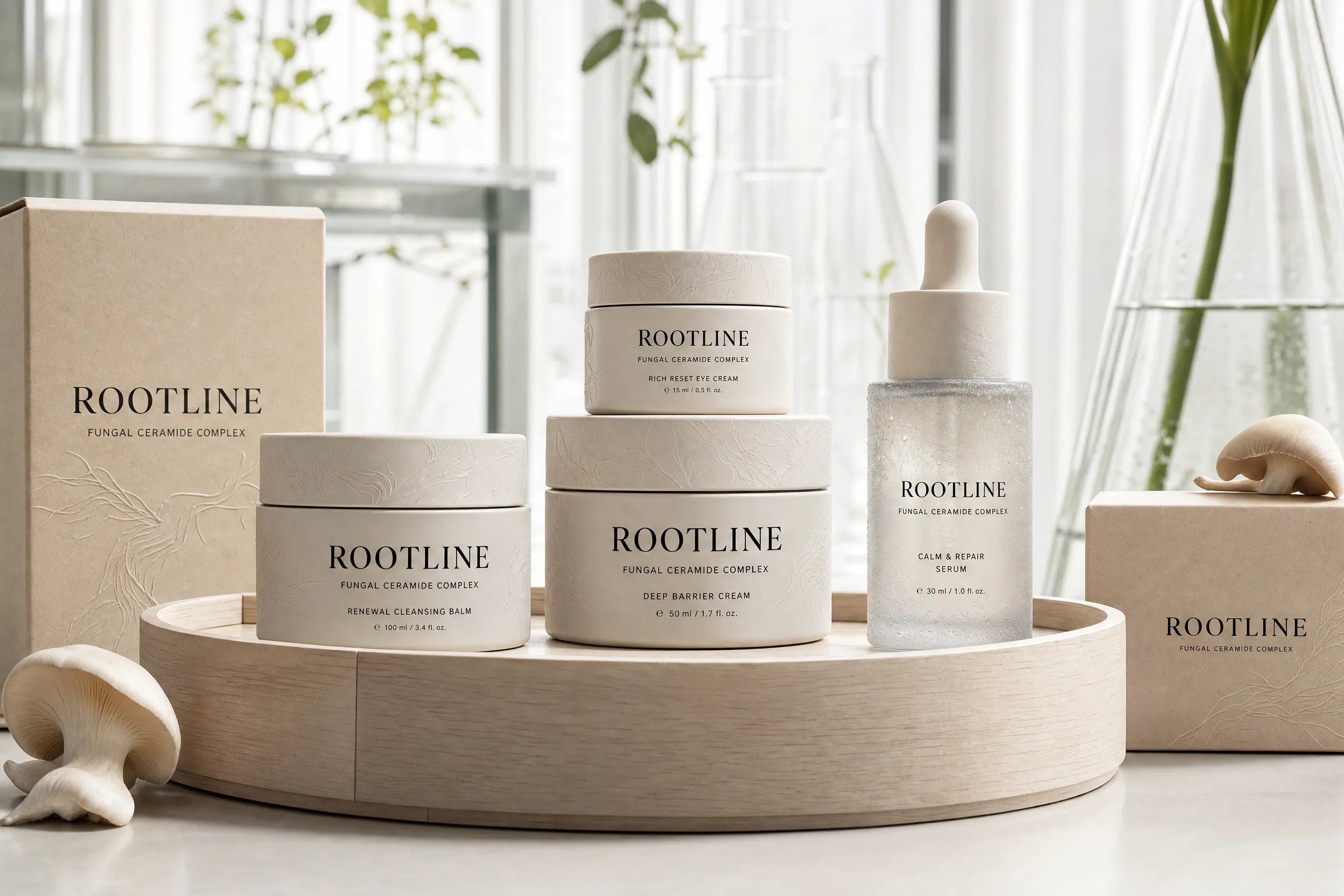 Mycelium Skincare Packaging Tableau