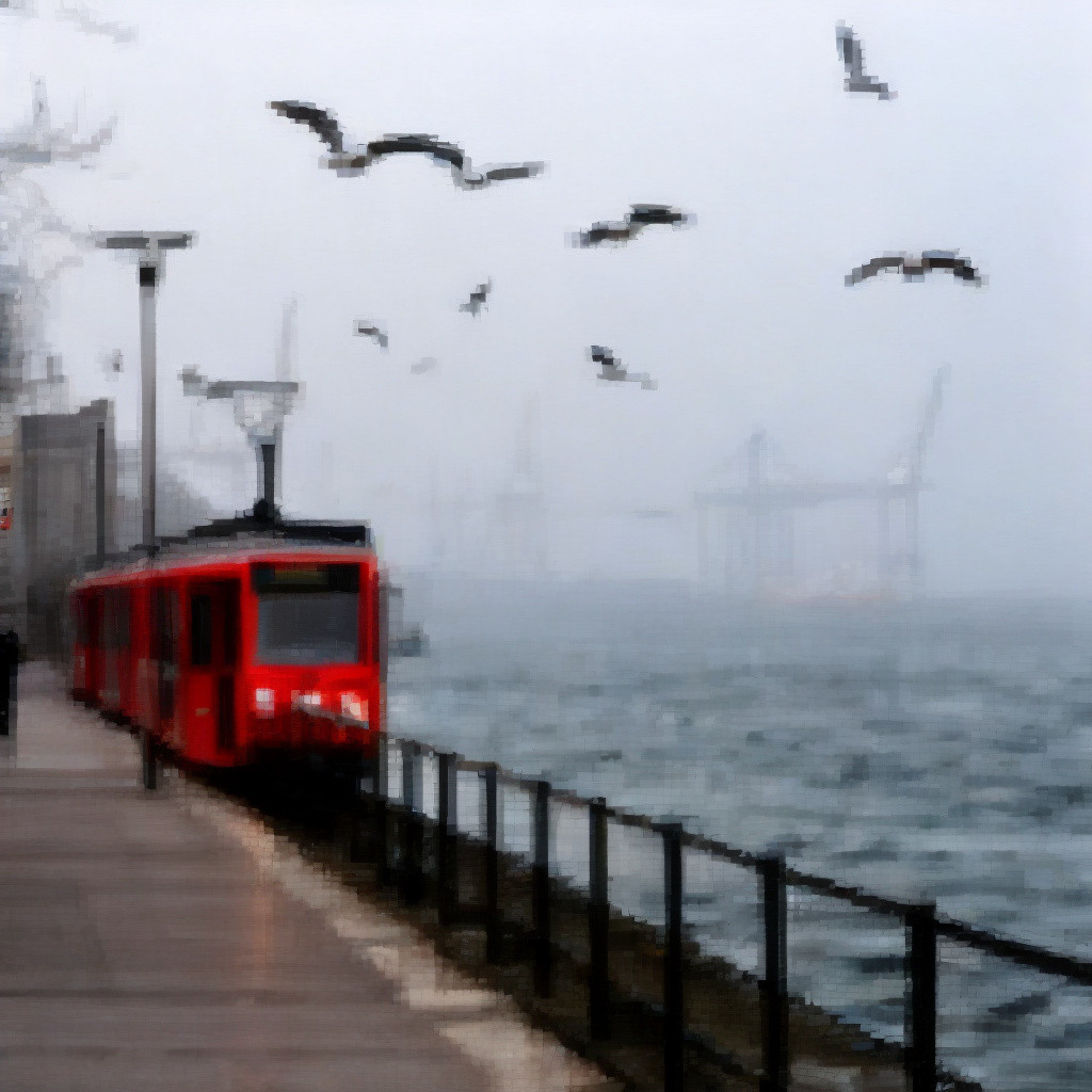 Pixelated Harbor Tram Scene