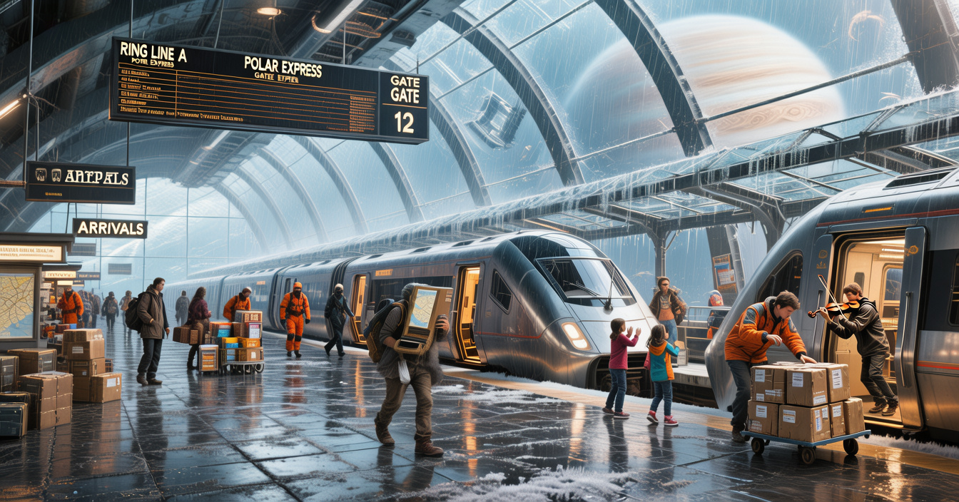 Rain-Soaked Orbital Train Concourse