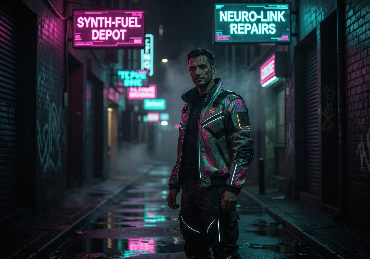 Neon Rain Alley Portrait