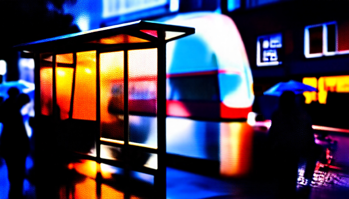 Rain-Soaked Tram Stop Tableau