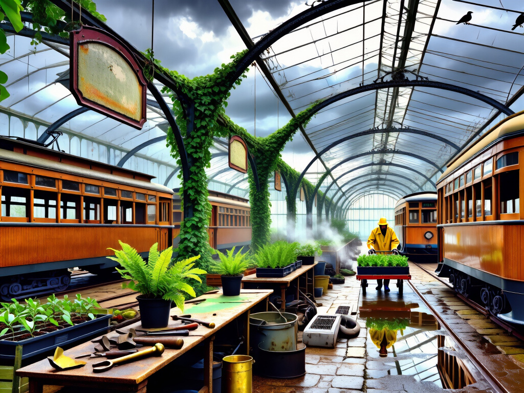Rain-Soaked Tram Depot Interior